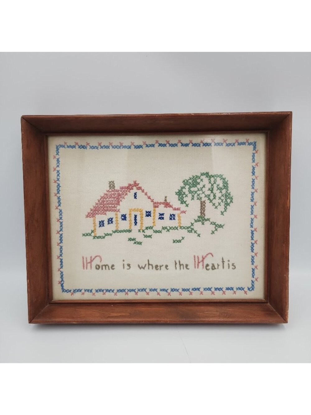Vintage Cross Stitch Completed 10x8" Framed HOME IS WHERE THE HEART Peace Home